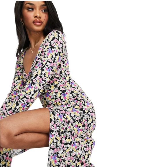 NEW! ASOS DESIGN Dress Long Sleeve Slit Front Midi Purple Ditsy Floral 6P - Picture 3 of 10